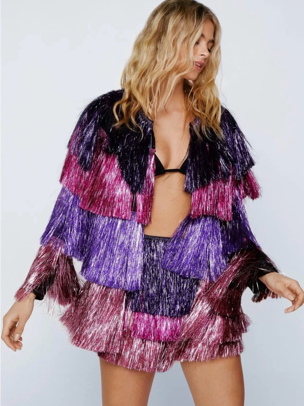 Nasty Gal - Metallic Fringe Layered Jacket in Purple and Pink - Picture 2 of 4